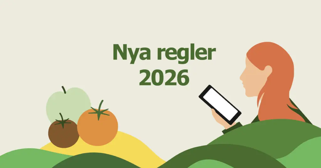 Illustration av en kvinna med mobiltelefon samt frukt med grönsaker med orden nya regler 2026