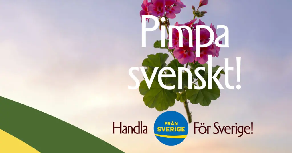 Märkning för Blomveckorna som Från Sverige kampanjar. Pimpa Svenskt står det med en blomma i bakgrunden.